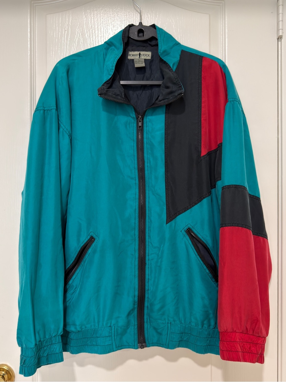Robert Stock Colorblock Windbreaker Jacket Teal Red Black Size L 90s Retro